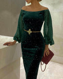 Off Shoulder Velvet Glitter Lantern Sleeve Party Dress