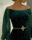 Off Shoulder Velvet Glitter Lantern Sleeve Party Dress