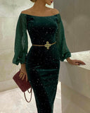 Off Shoulder Velvet Glitter Lantern Sleeve Party Dress