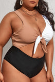 Sexy Patchwork Hollowed Out Backless Contrast V Neck Plus Size Swimwear (With Paddings)