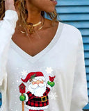 Christmas Santa Snowflake Print V neck Top