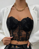 Floral Embroidery Sheer Mesh Corset Bandeau Top