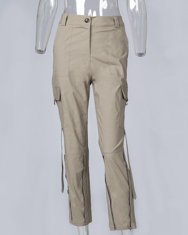 Pocket Zipper Design Tied Cuff Cargo Pants