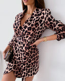 Cheetah Print Long Sleeve Blazer Work Dress With Belt