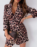 Cheetah Print Long Sleeve Blazer Work Dress With Belt