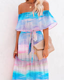 Colorful Off Shoulder Gradient Color Ruffles Maxi Dress