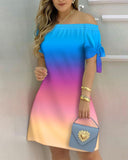 Ombre Colorblock Off Shoulder Tie Detail Casual Dress