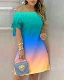 Ombre Colorblock Off Shoulder Tie Detail Casual Dress