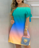 Ombre Colorblock Off Shoulder Tie Detail Casual Dress