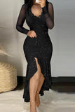 Elegant Solid Lace Patchwork High Opening Flounce V Neck Wrapped Skirt Dresses