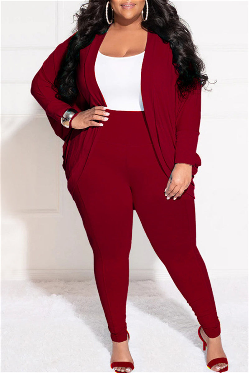 Casual Solid Cardigan Pants Cardigan Collar Plus Size Two Pieces