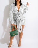 Satin Button Front Ruched Belted Shirt Dress