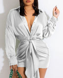 Satin Button Front Ruched Belted Shirt Dress