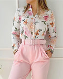 Buttoned Floral Print Top & Pocket Design Pants Set