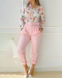 Buttoned Floral Print Top & Pocket Design Pants Set