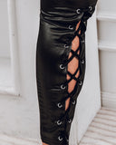 Solid Color PU Leather Eyelet Lace Up Skinny Pants