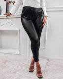 Solid Color PU Leather Eyelet Lace Up Skinny Pants