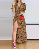 Cheetah Print Puff Sleeve High Slit Shirt Dress