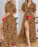 Cheetah Print Puff Sleeve High Slit Shirt Dress