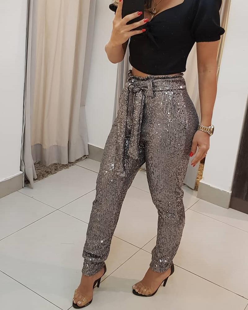Sequined Wrap Waist Long Trousers