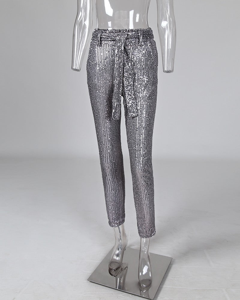 Sequined Wrap Waist Long Trousers