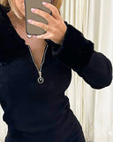 Zipper Design Faux Fur Patch Knit Bodycon Dress