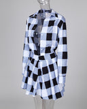 Plaid Colorblock Shirt & Tight Wasit Pleated Skirt Sets