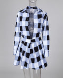 Plaid Colorblock Shirt & Tight Wasit Pleated Skirt Sets