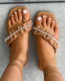 Beaded Decor Toe Post Strappy Flat Sandals