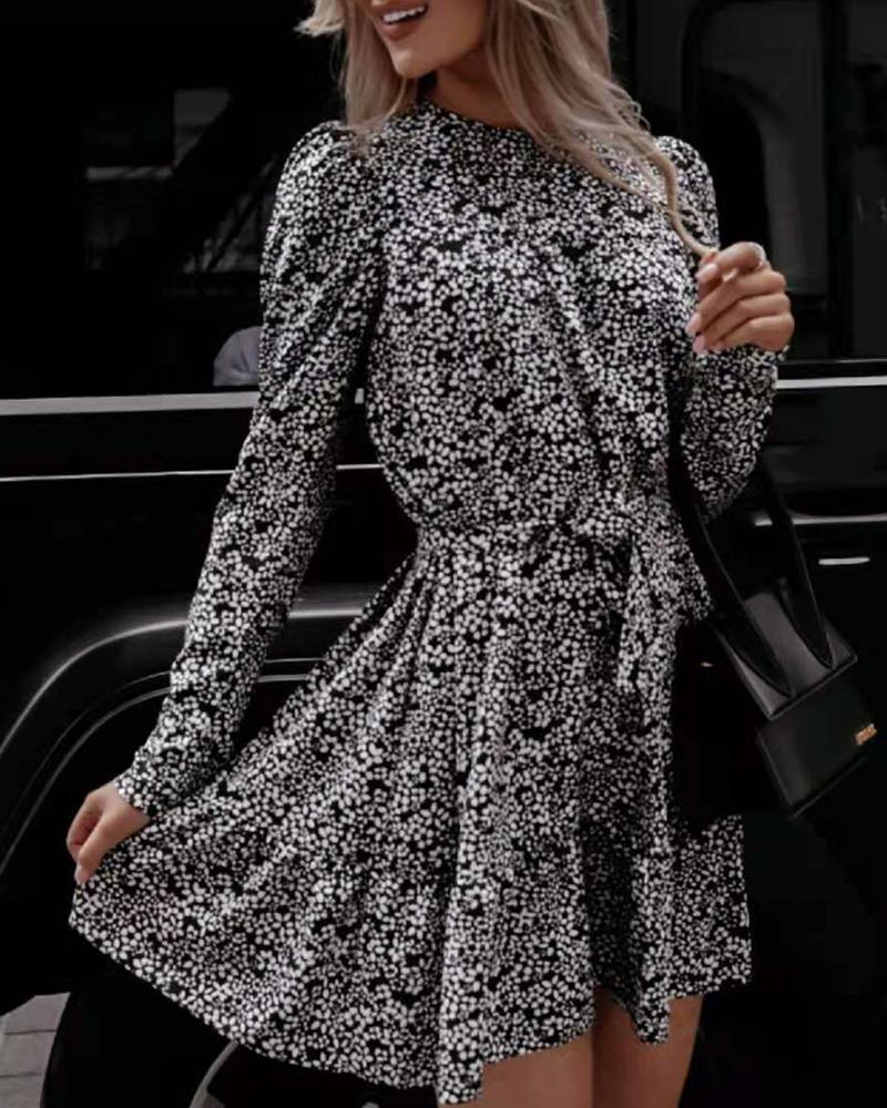 O Neck Puff Sleeve Tied Detail Print Dress