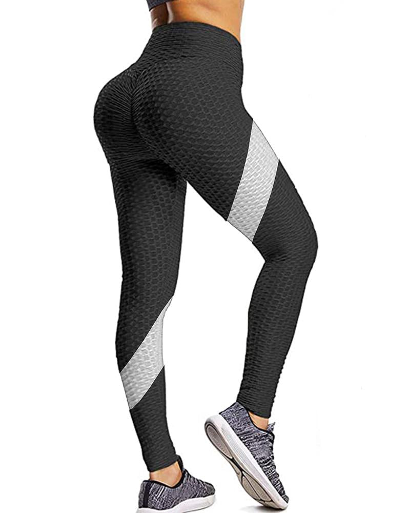Striped Colorblock Bubble Textured Butt Lifting Tummy Control Yoga Pants
