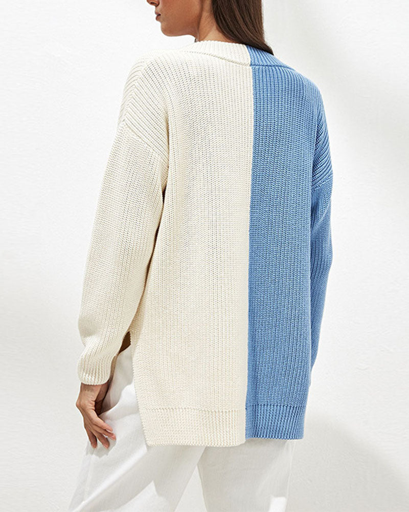 Colorblock Split Hem Chunky Knit Sweater