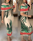Tropical Print Off Shoulder Ruffle Trim Bodycon Dress