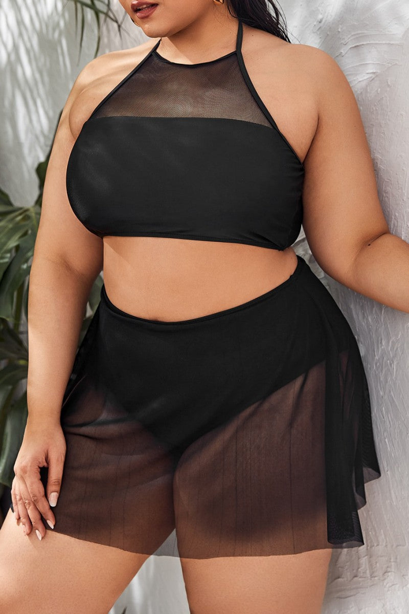 Sexy Solid Patchwork Backless Halter Plus Size Swimwear (With Paddings)