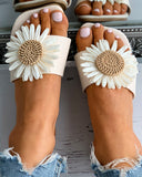 Daisy Pattern Square Toe Flat Sandals