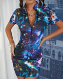 Starry Sky Print Short Sleeve Bodycon Dress