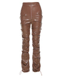 PU Leather High Waist Zipper Decor Ruched Pants