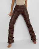 PU Leather High Waist Zipper Decor Ruched Pants