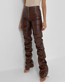 PU Leather High Waist Zipper Decor Ruched Pants