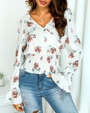 Floral Flared Sleeve Shirring Wrap Blouse