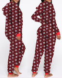 Christmas Snowflake Plaid Print Zipper Design Hooded Lounge Jumpsuit
