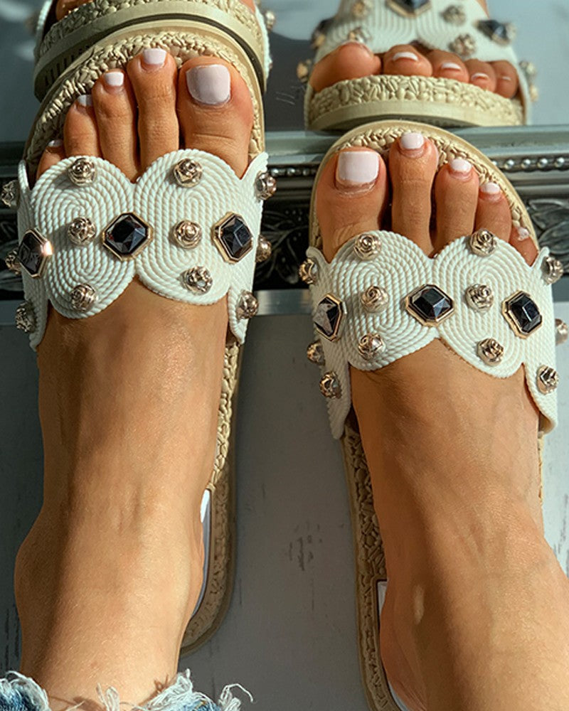 Open Toe Braided Rhinestone Flat Sandals