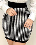 Houndstooth Print Buttoned Coat & Skirt Set