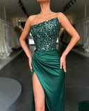 Satin Contrast Sequin Split Thigh Tube Evening Dress