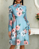 Floral Print Long Sleeve Tied Neck Dress