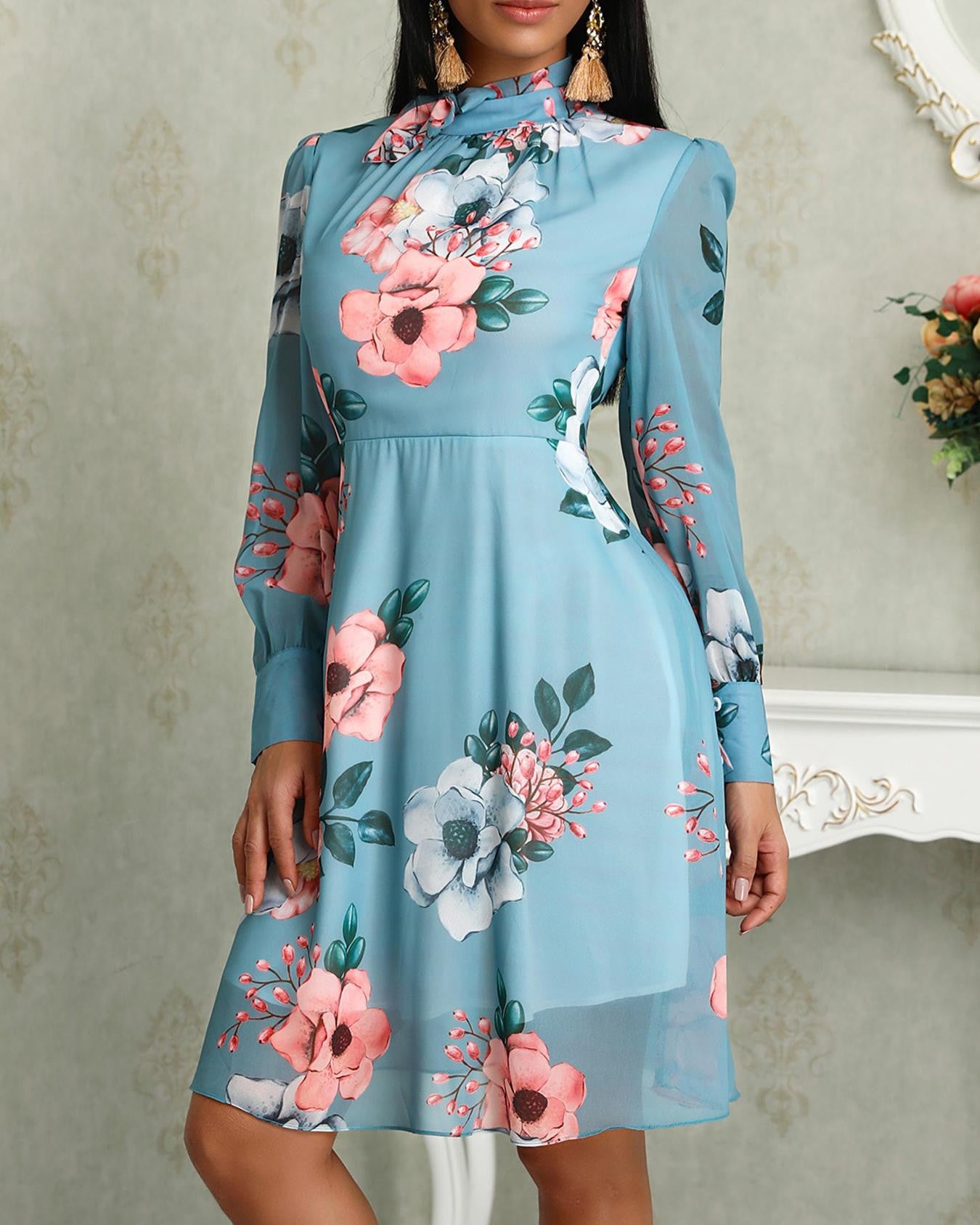 Floral Print Long Sleeve Tied Neck Dress