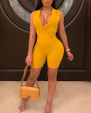 Solid Notched Collar Double breasted Romper