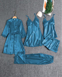 5PCS Contrast Lace Cami Set With Nightdress & Belted Robe