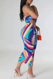 Casual Print Hollowed Out Patchwork Draw String Backless Oblique Collar One Step Skirt Dresses