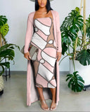 Scarf Print Tube Bodycon Dress With Longline Coat